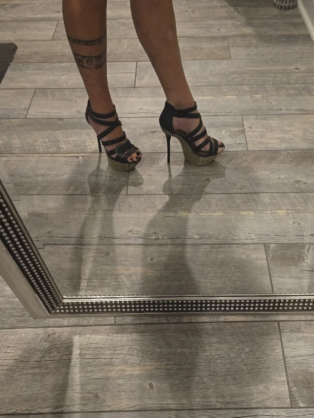 NWT Qupid Black Strappy Platform Heels with Woven Chevron Platform